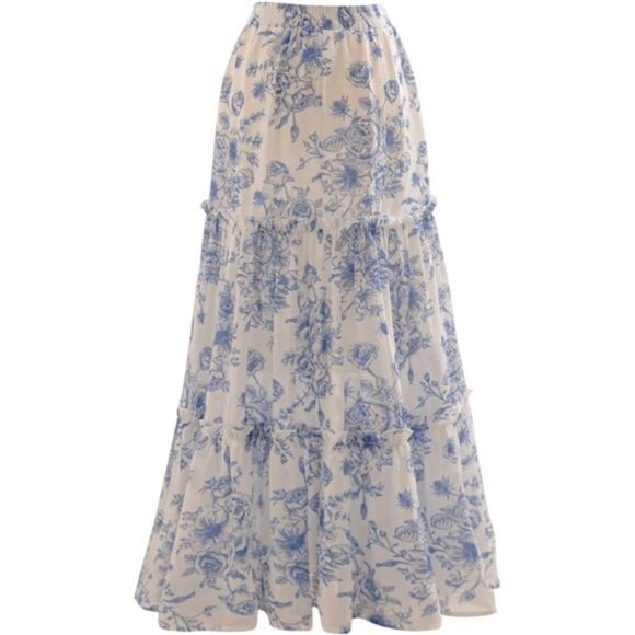 Women's Floral Print Tiered Layered Long Skirt White Blue - Picture 1 of 5